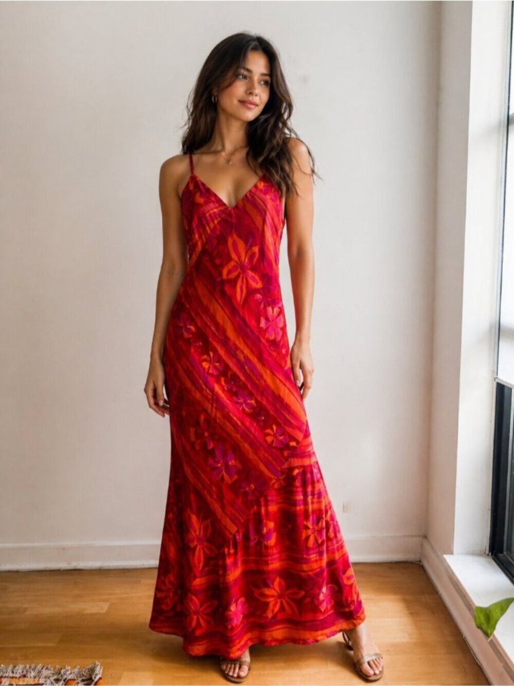 Vintage Tristan & Iseut Red Orange Floral Bias cut Maxi Dress NWT 12